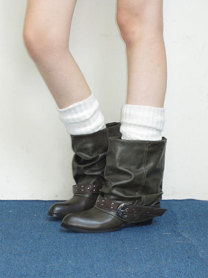 Brown Pleated Lace-Up Cowhide Ankle Boots