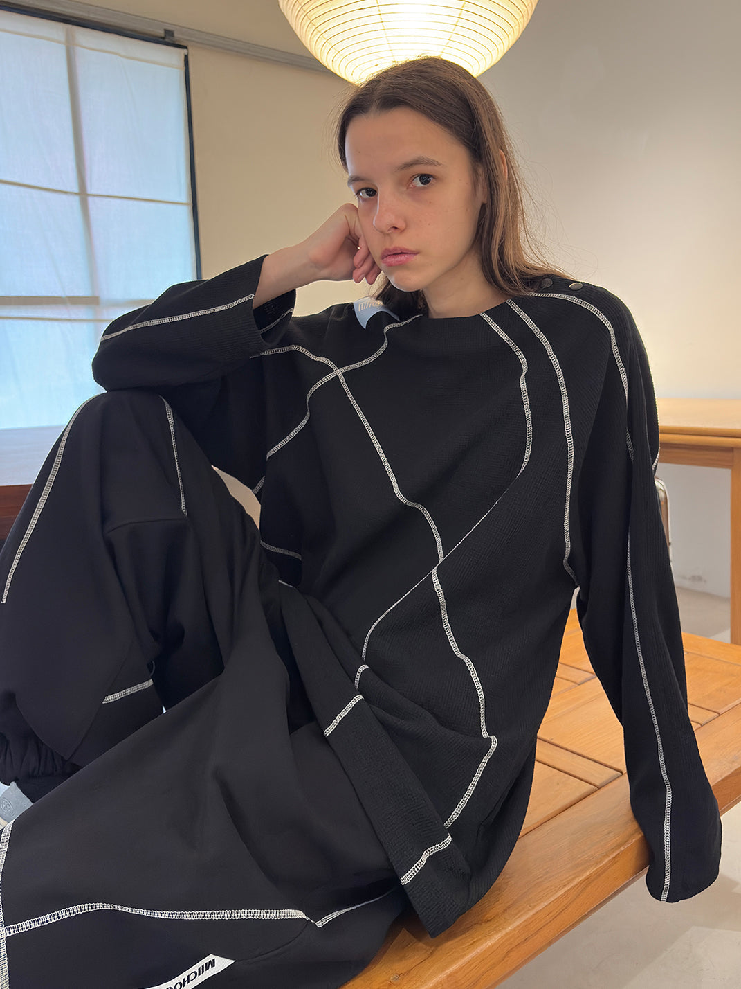 Contrast Stitch Waffle Knit Long Sleeve Sweatshirt