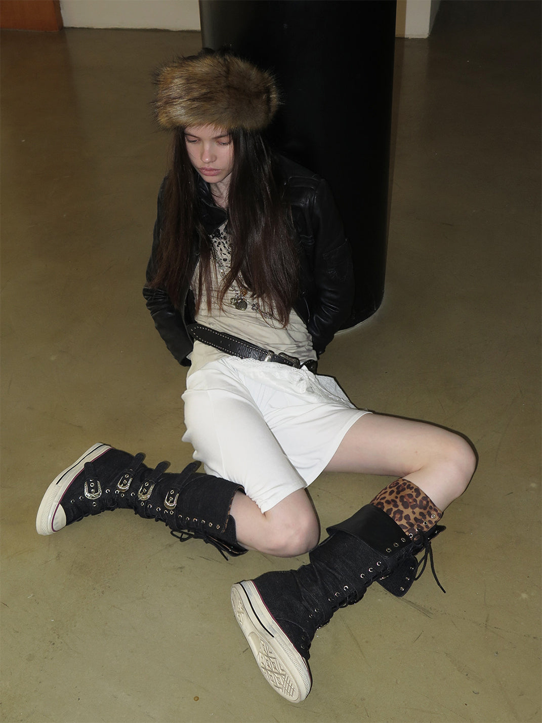 Leopard Print High-Top Canvas Boots with Belt Buckle