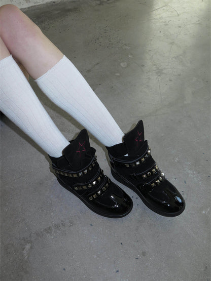 Black Retro Cowhide Wedge Shoes with Studs
