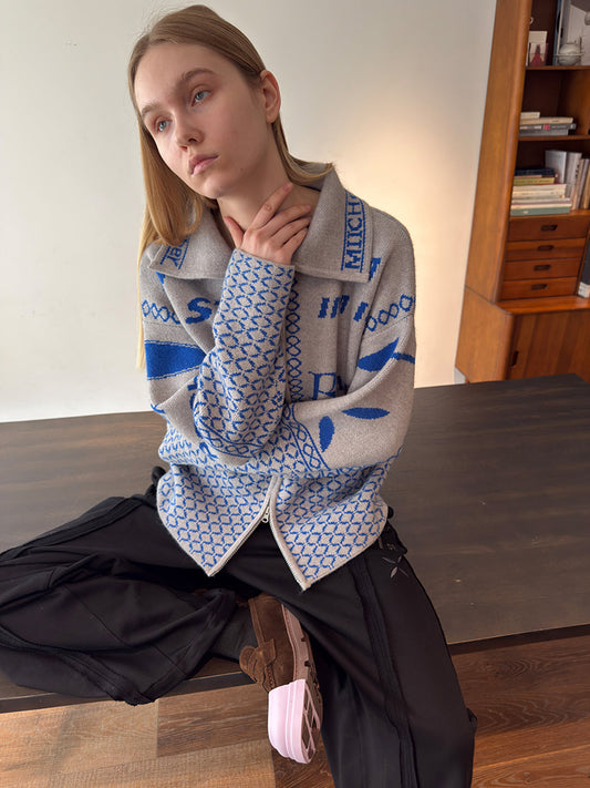 Vintage Racing Jacquard Zip Cardigan Sweater