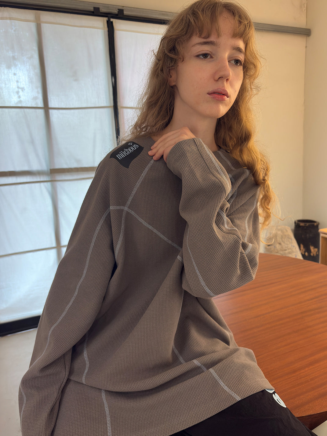 Contrast Stitch Waffle Knit Long Sleeve Sweatshirt