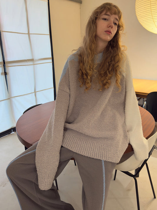 Colorblock Coral Fleece Knit Crewneck Sweater