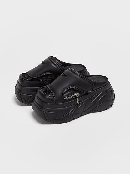 Black Covered-Toe Platform Slide Sandals