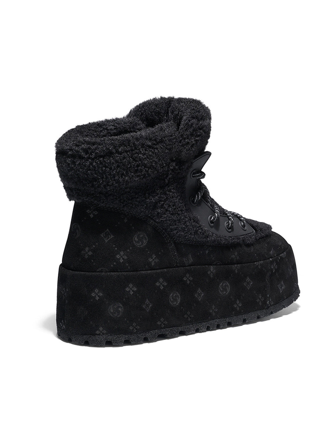 Black Monogram Design Faux Fur Platform Boots