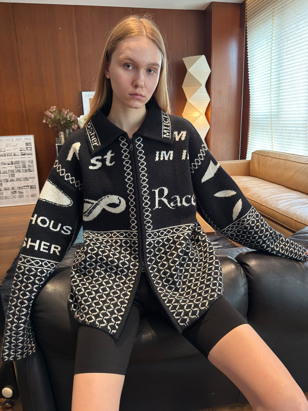 Vintage Racing Jacquard Zip Cardigan Sweater