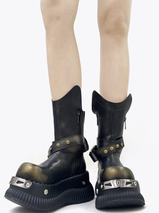 Black Punk Platform Ankle Boots with Round Toe
