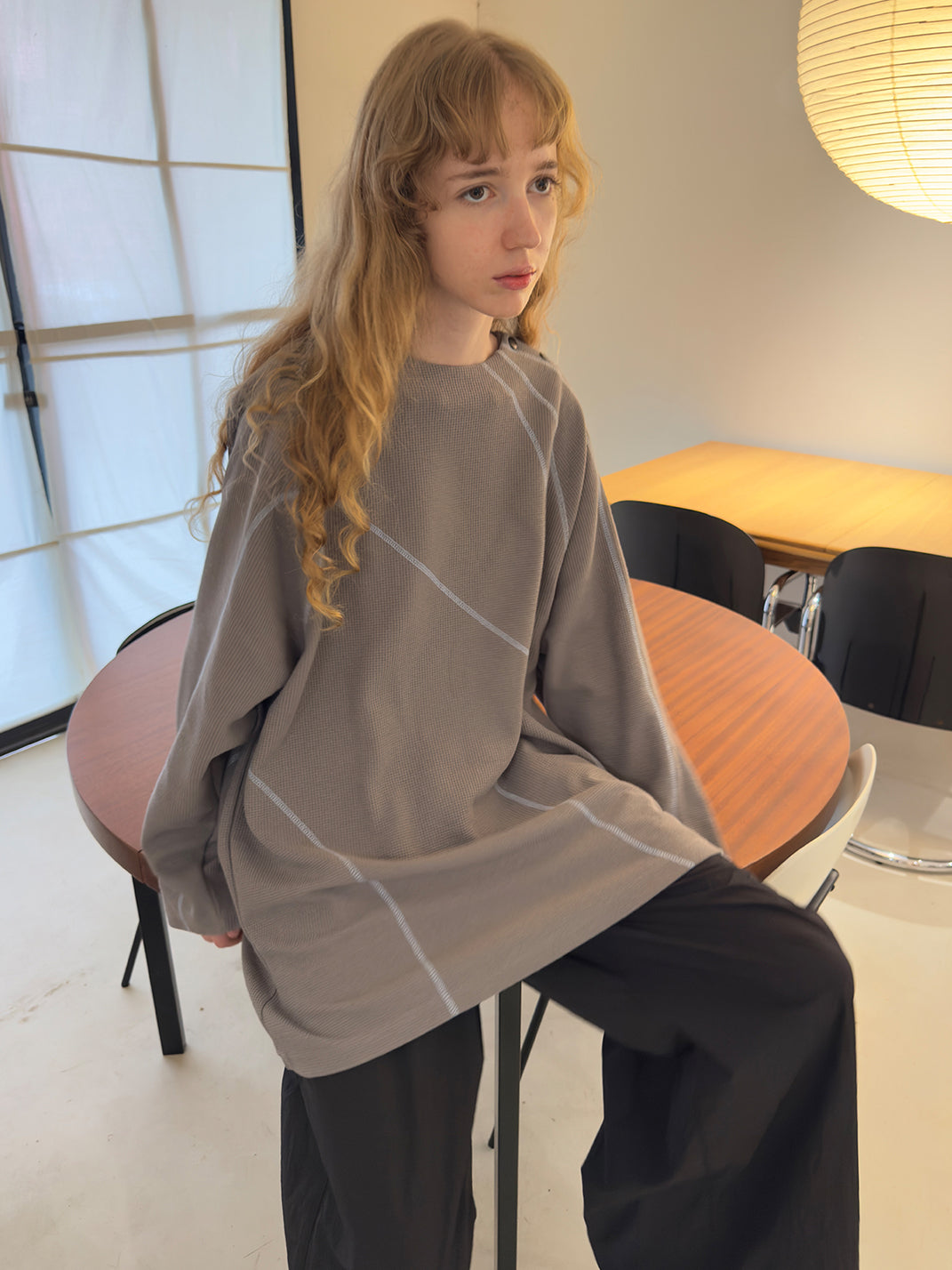 Contrast Stitch Waffle Knit Long Sleeve Sweatshirt