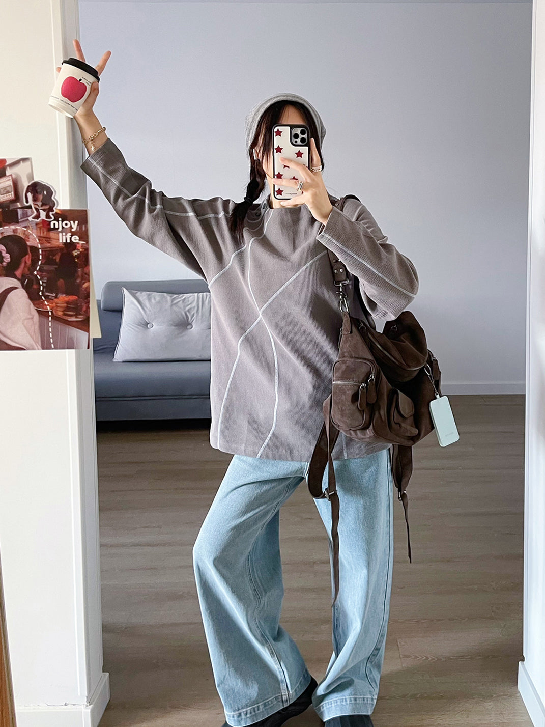 Contrast Stitch Waffle Knit Long Sleeve Sweatshirt