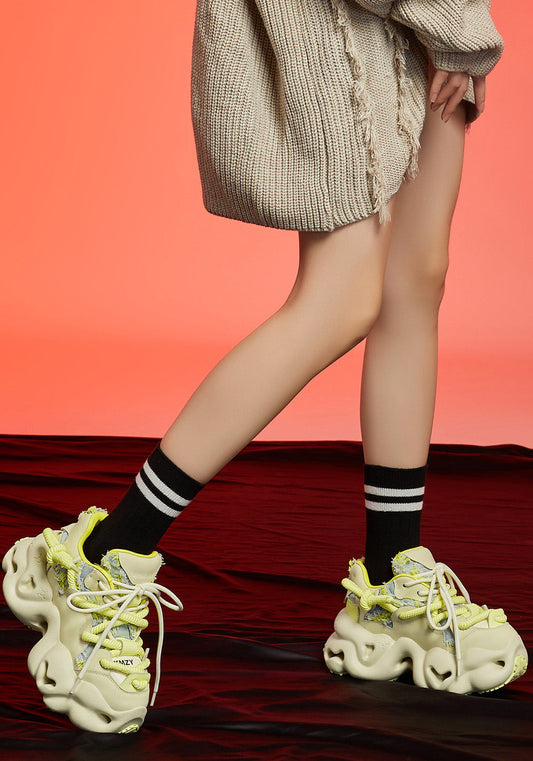 Beige Street-Style Leather Dad Sneakers