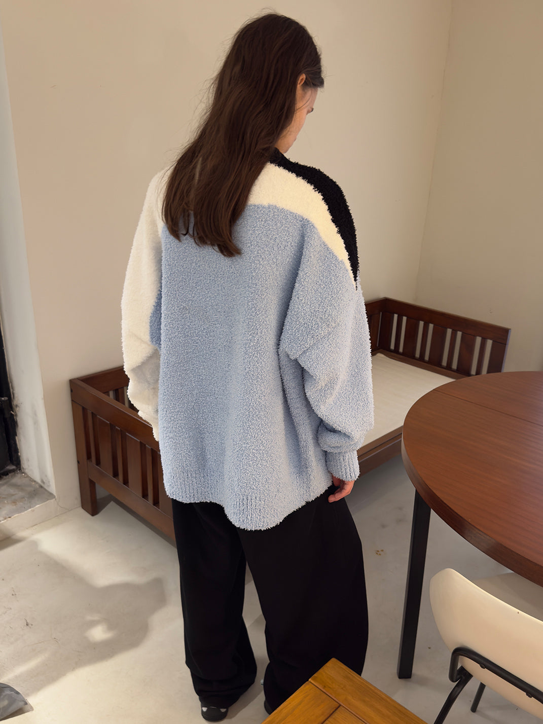 Colorblock Coral Fleece Knit Crewneck Sweater