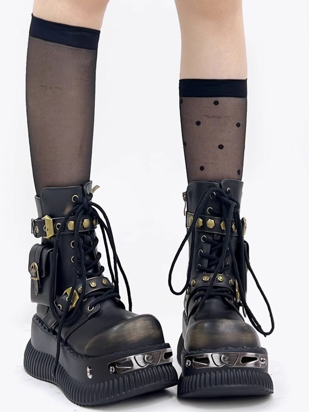 Black Metallic Punk Platform Ankle Boots with Studded Details