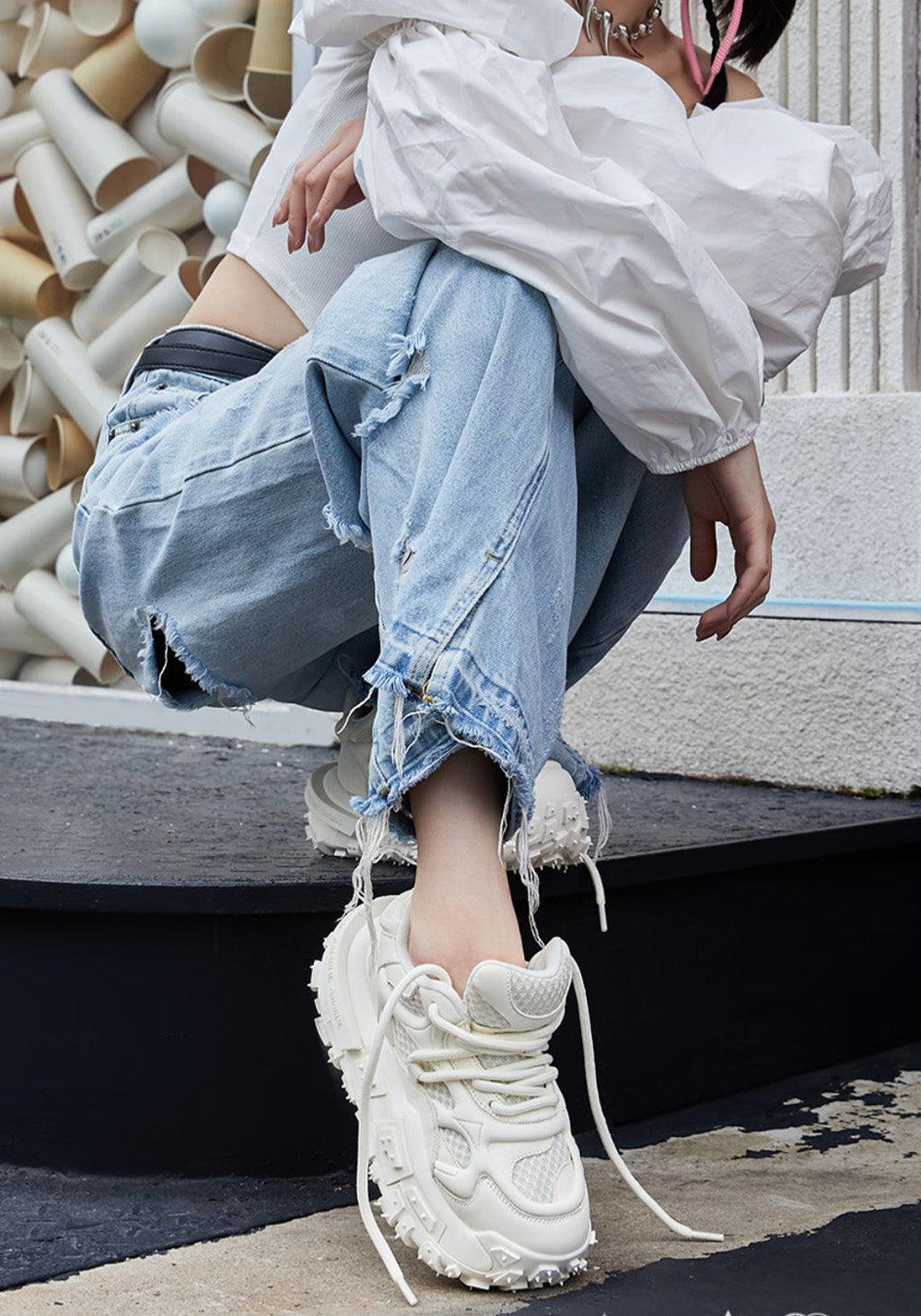 White Hollow Leather Chunky Sneakers
