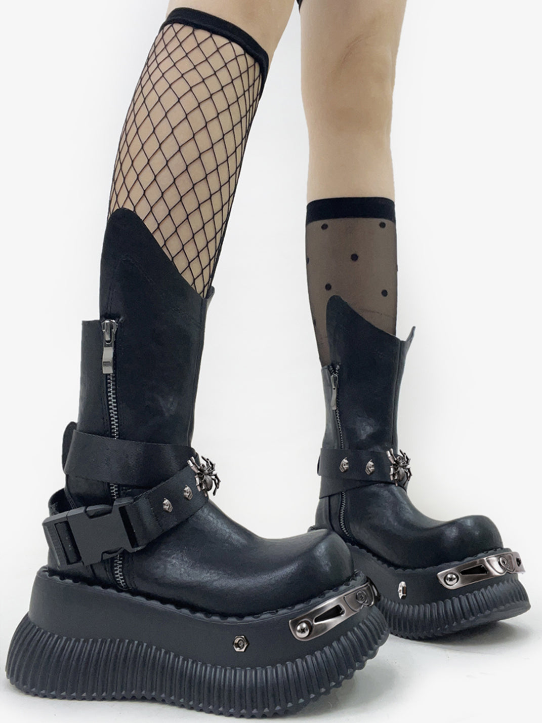 Black Punk Platform Ankle Boots with Metal Strap Detail