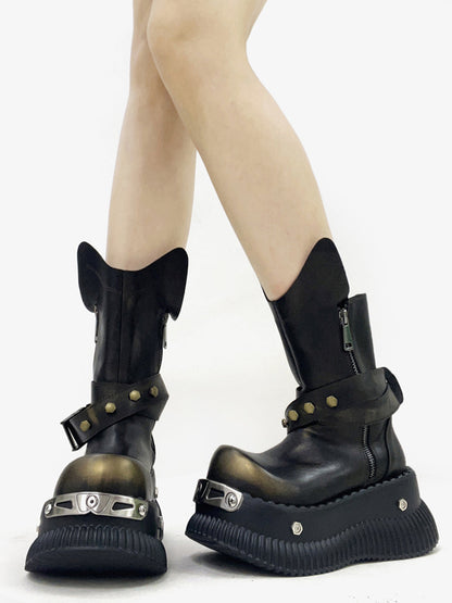 Black Punk Platform Ankle Boots with Round Toe