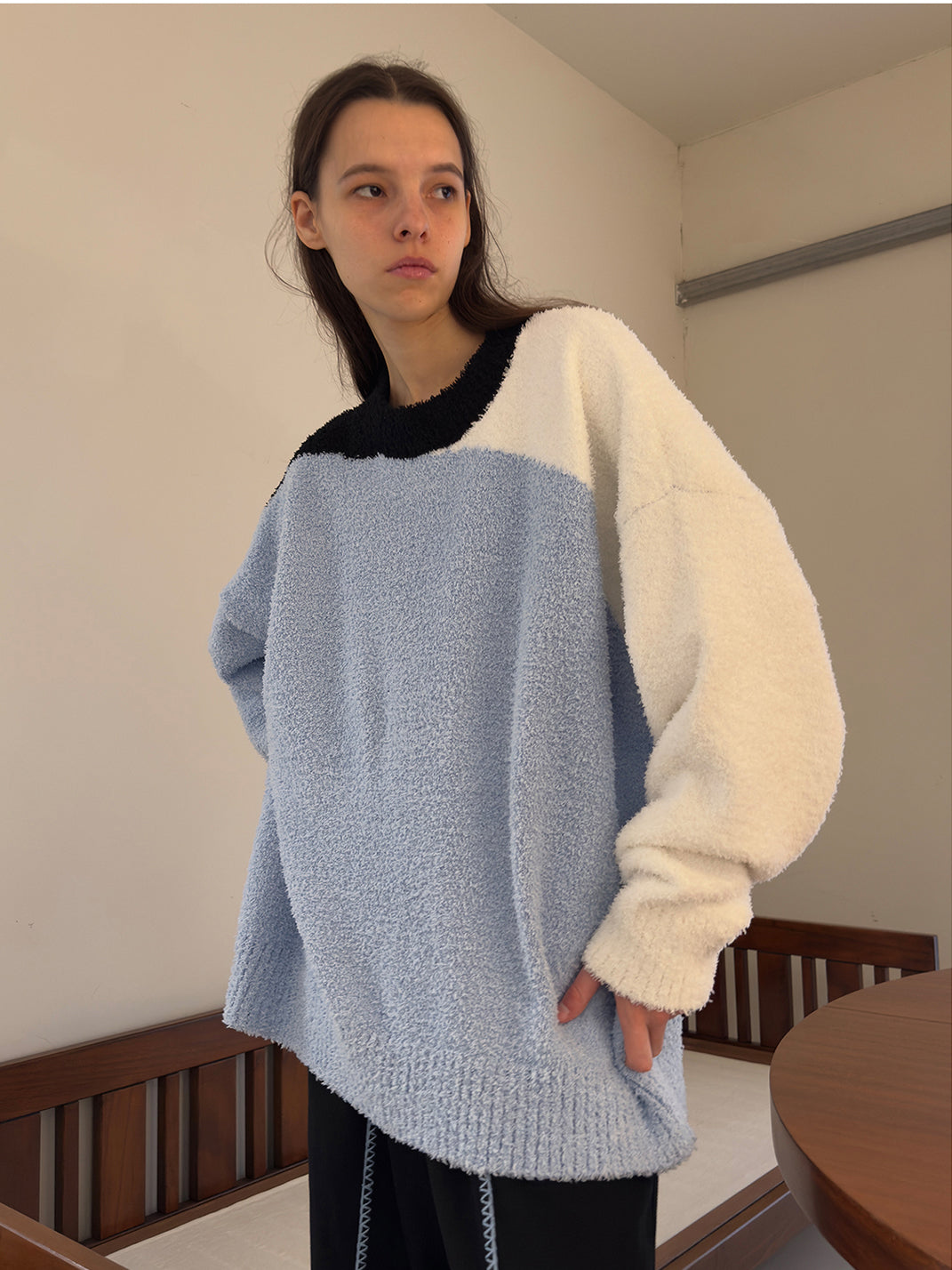 Colorblock Coral Fleece Knit Crewneck Sweater