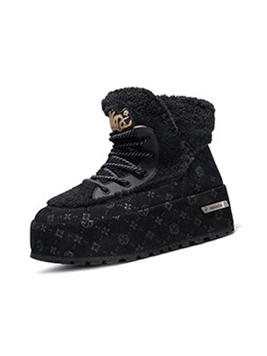 Black Monogram Design Faux Fur Platform Boots