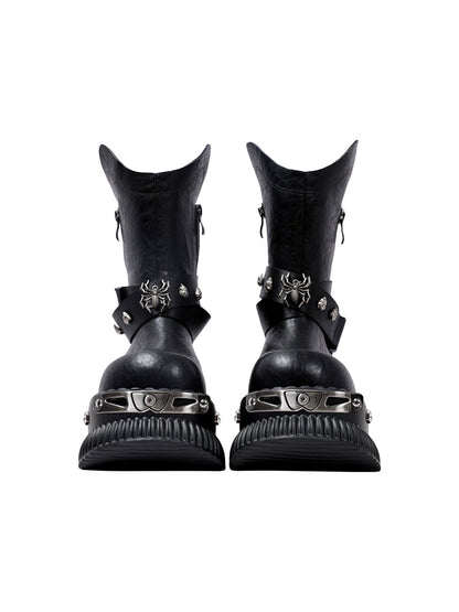 Black Punk Platform Ankle Boots with Metal Strap Detail