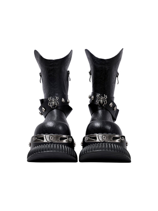Black Punk Platform Ankle Boots with Metal Strap Detail