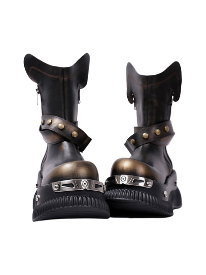 Black Punk Platform Ankle Boots with Round Toe