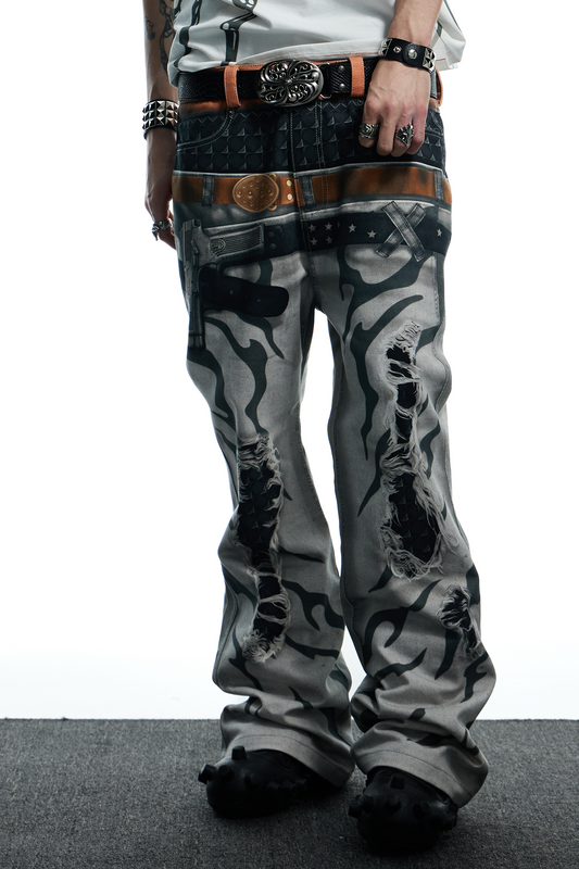 DND4DES Distressed Print Double-Waist Flare Jeans White