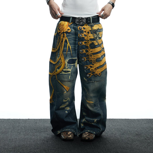 DND4DES Regal Braid Graphic Curved-Leg Baggy Jeans