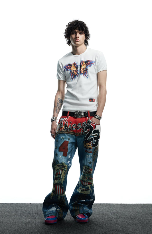 DND4DES Chicago Bulls Print Studded Flare Jeans