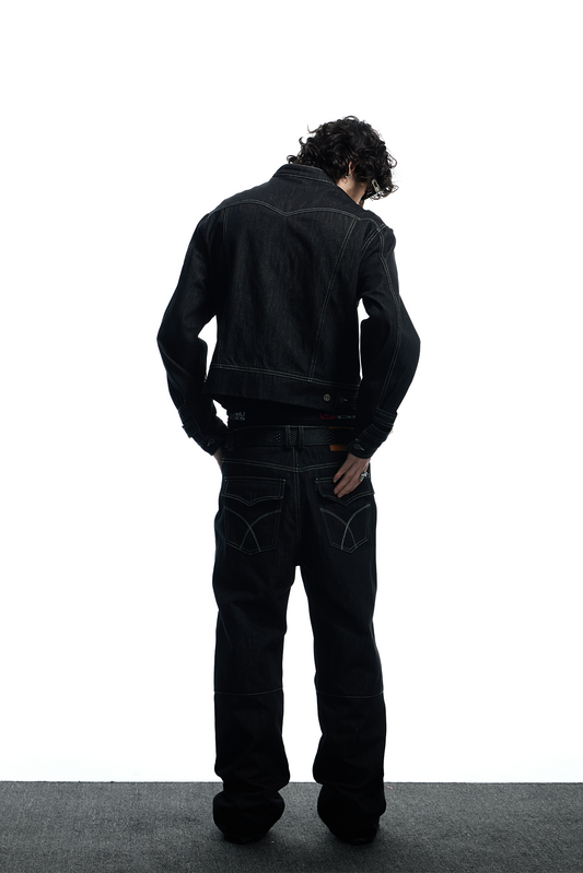 DND4DES Studded Stand Collar Raw Denim Jacket