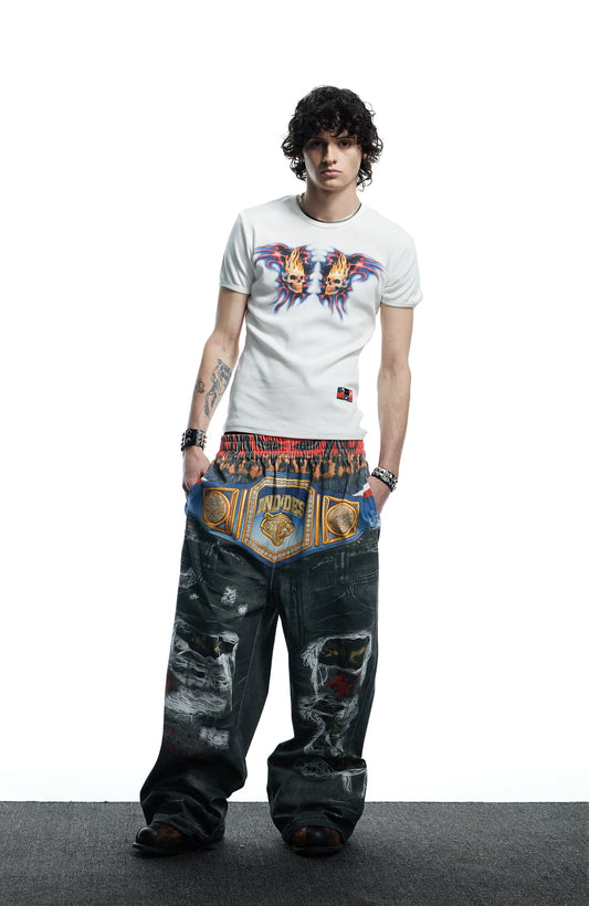 DND4DES Boxing Championship Belt Print Baggy Trousers