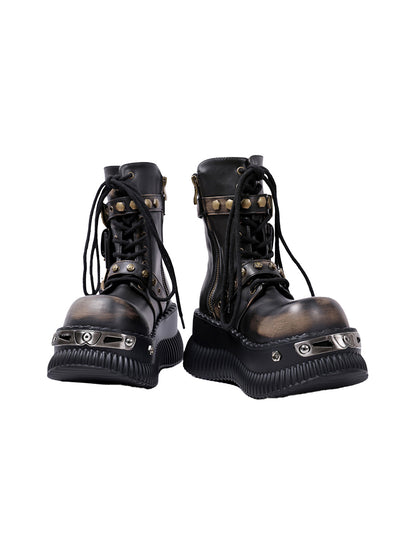 Black Metallic Punk Platform Ankle Boots with Studded Details