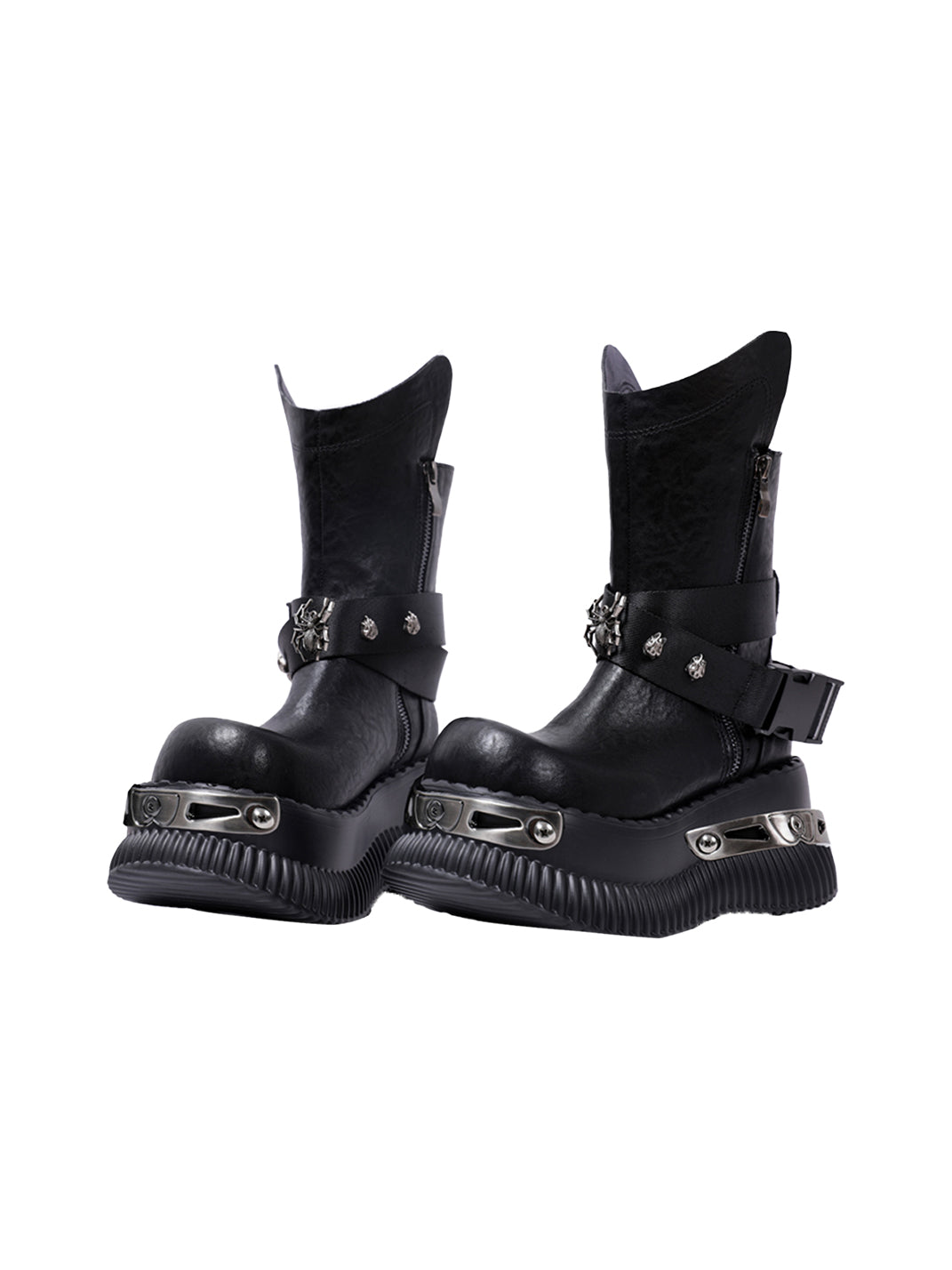 Black Punk Platform Ankle Boots with Metal Strap Detail
