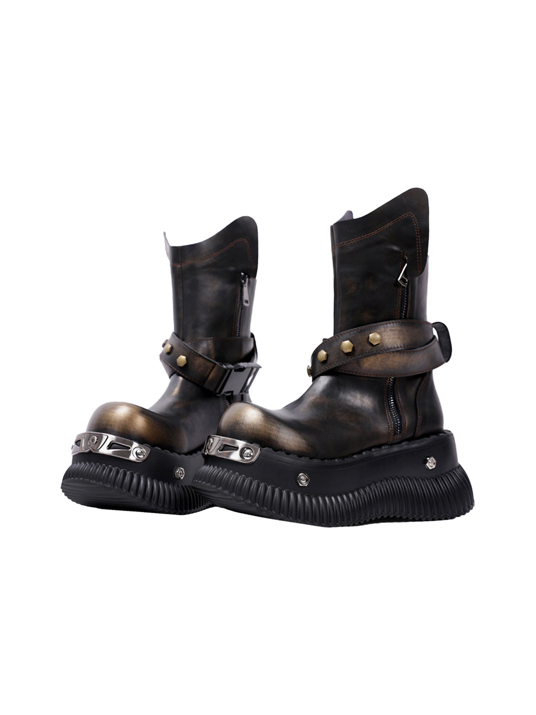 Black Punk Platform Ankle Boots with Round Toe