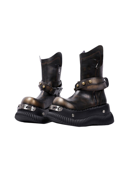 Black Punk Platform Ankle Boots with Round Toe