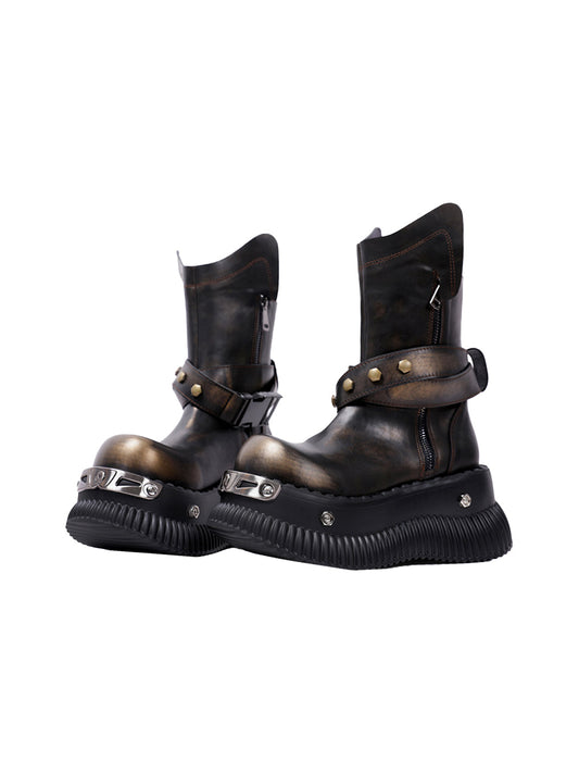Black Punk Platform Ankle Boots with Round Toe