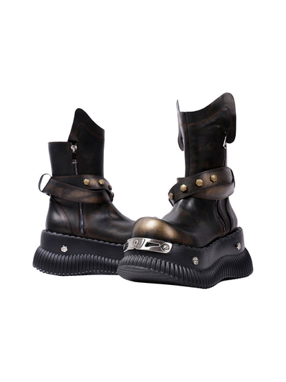 Black Punk Platform Ankle Boots with Round Toe