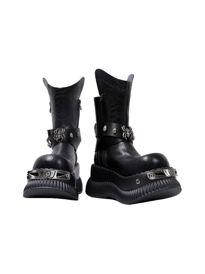 Black Punk Platform Ankle Boots with Metal Strap Detail