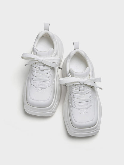 White Square-Toe Platform Leather Sneakers