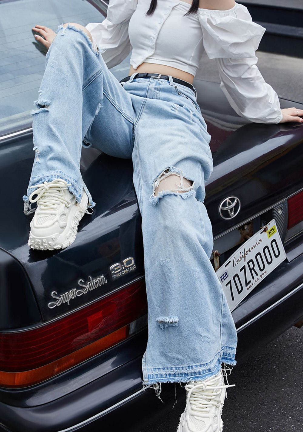 White Hollow Leather Chunky Sneakers