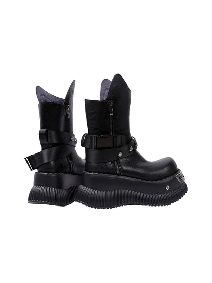 Black Punk Platform Ankle Boots with Metal Strap Detail