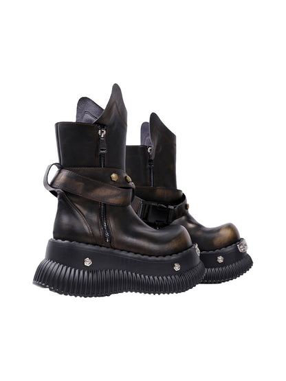 Black Punk Platform Ankle Boots with Round Toe