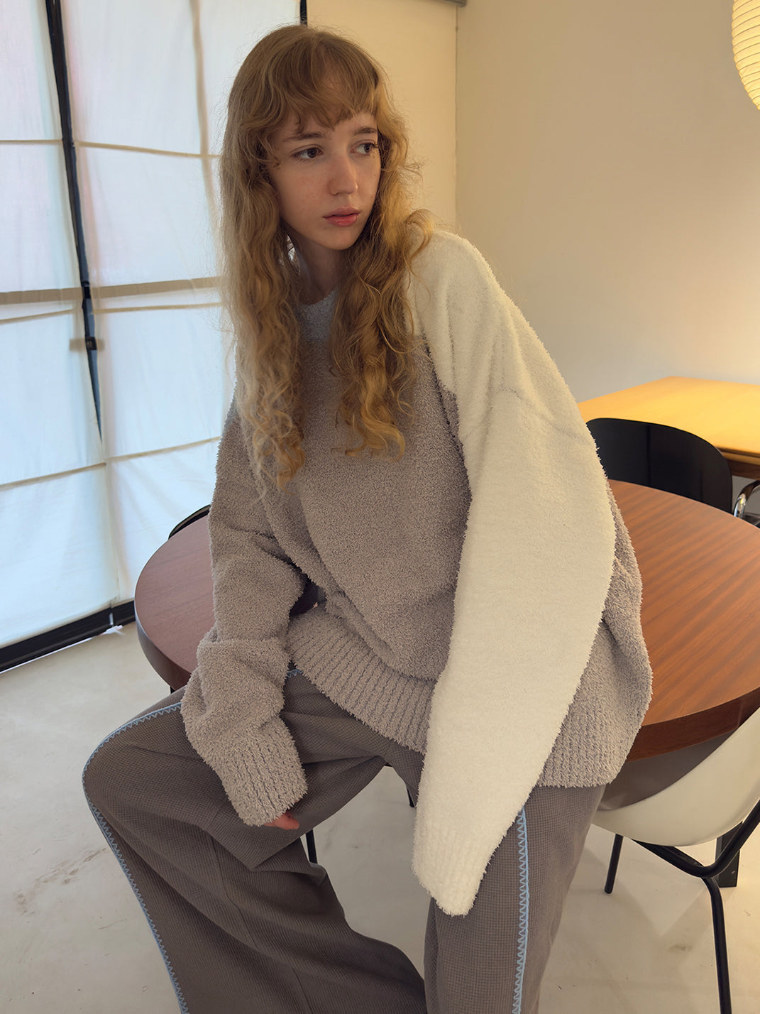 Colorblock Coral Fleece Knit Crewneck Sweater