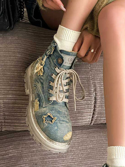 Denim Ripped Platform Boots with Ribbons