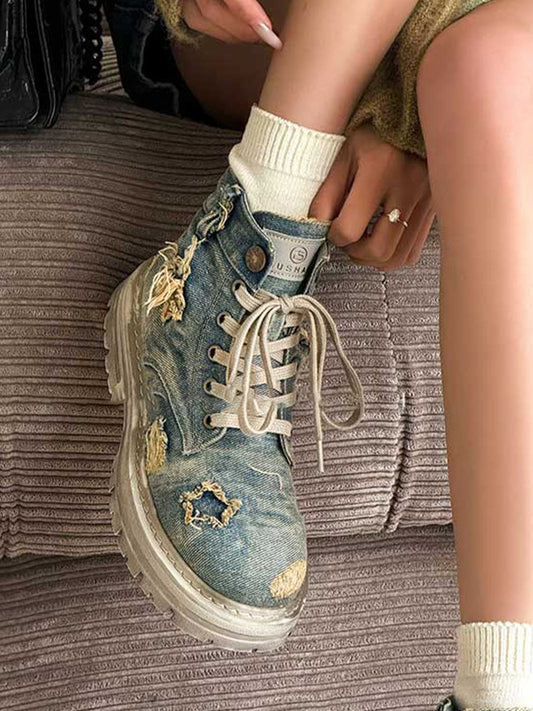 Denim Ripped Platform Boots with Ribbons