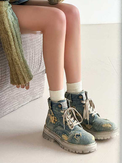 Denim Ripped Platform Boots with Ribbons