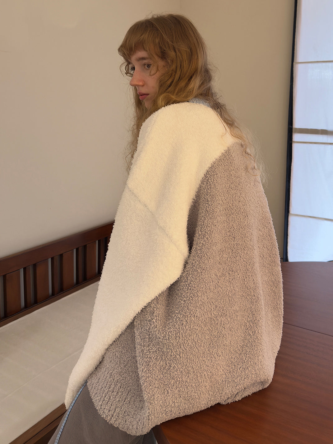 Colorblock Coral Fleece Knit Crewneck Sweater