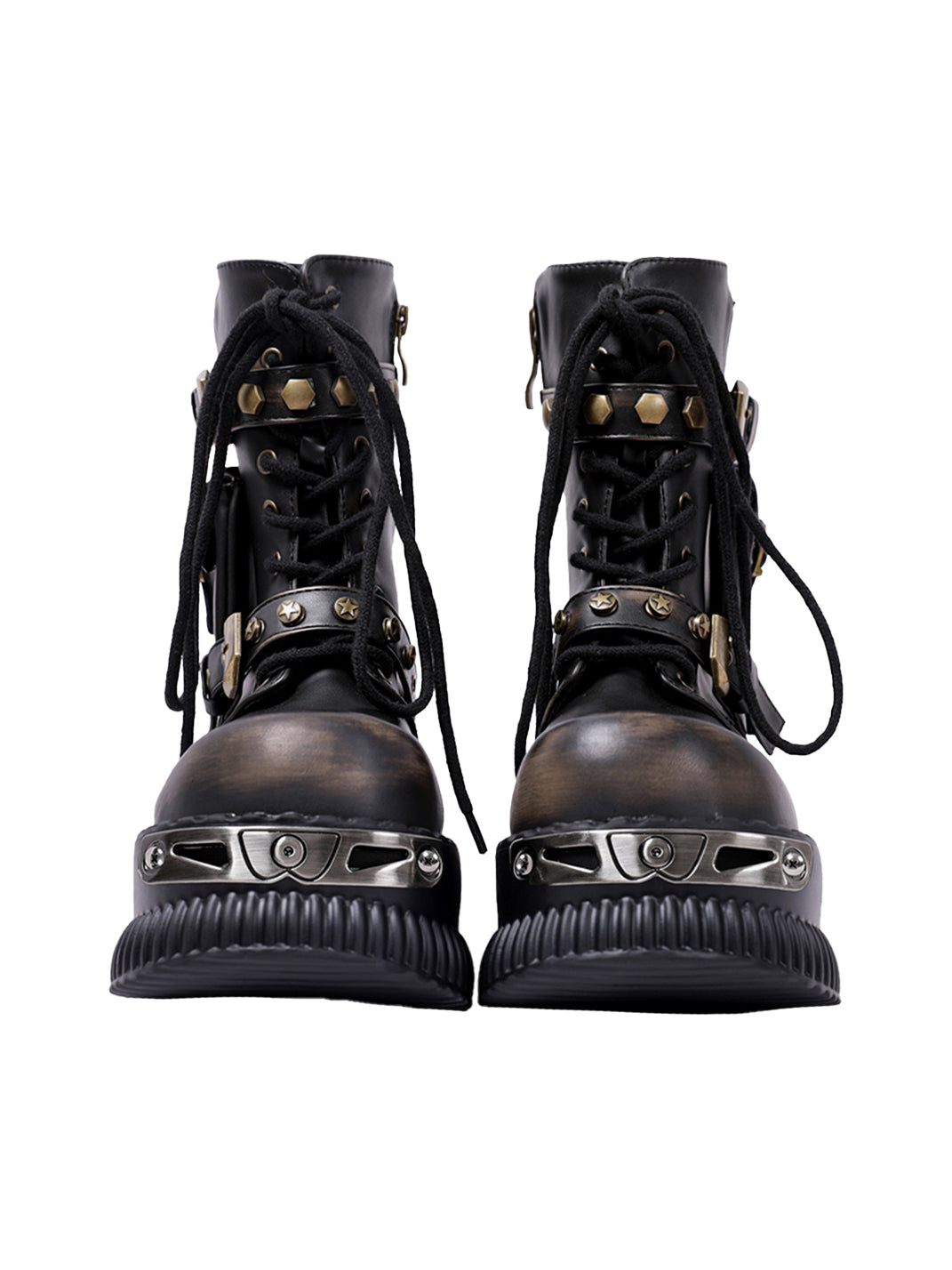 Black Metallic Punk Platform Ankle Boots with Studded Details
