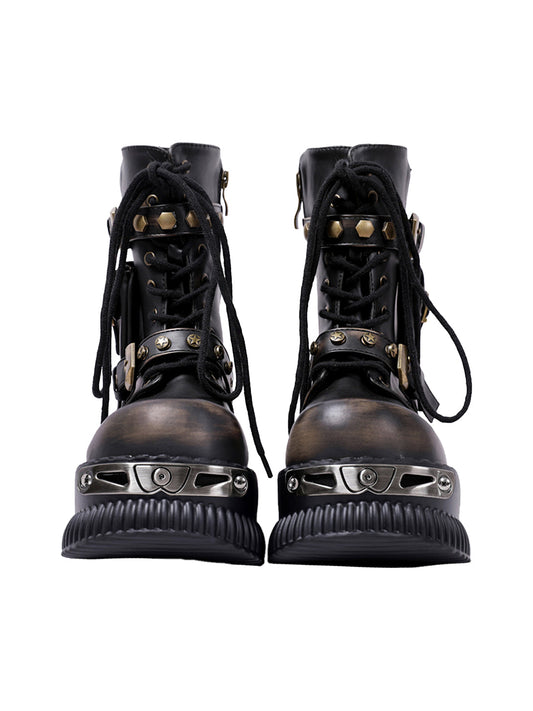 Black Metallic Punk Platform Ankle Boots with Studded Details