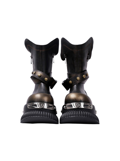 Black Punk Platform Ankle Boots with Round Toe