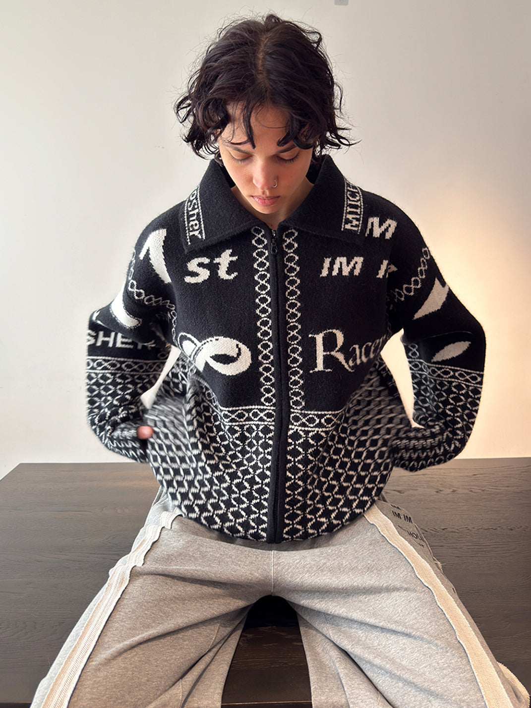 Vintage Racing Jacquard Zip Cardigan Sweater