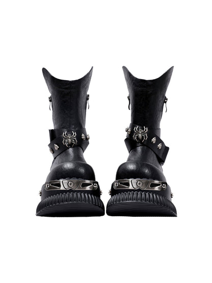 Black Punk Platform Ankle Boots with Metal Strap Detail